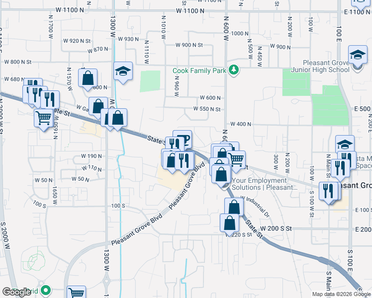 map of restaurants, bars, coffee shops, grocery stores, and more near 888 West State Street in Pleasant Grove