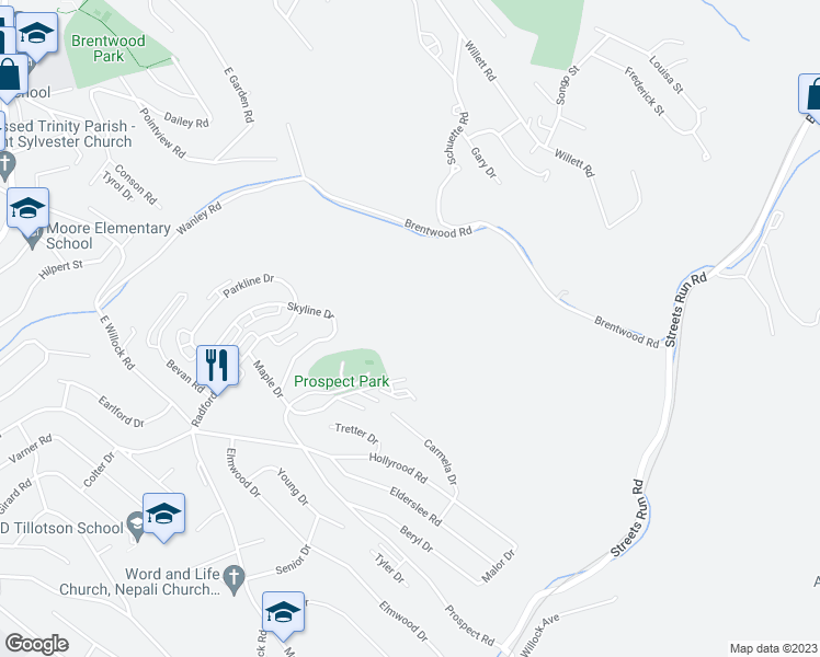 map of restaurants, bars, coffee shops, grocery stores, and more near 1717 Skyline Drive in Pittsburgh