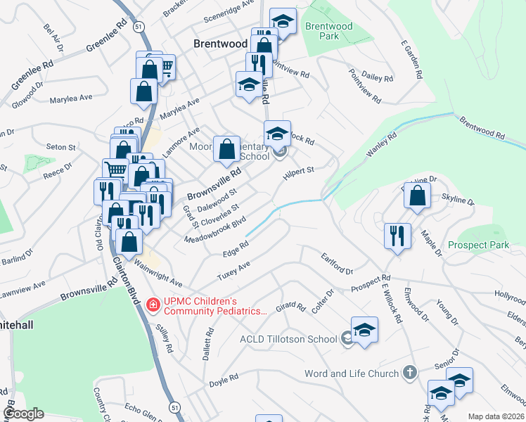 map of restaurants, bars, coffee shops, grocery stores, and more near 3911 Meadowbrook Blvd in Pittsburgh