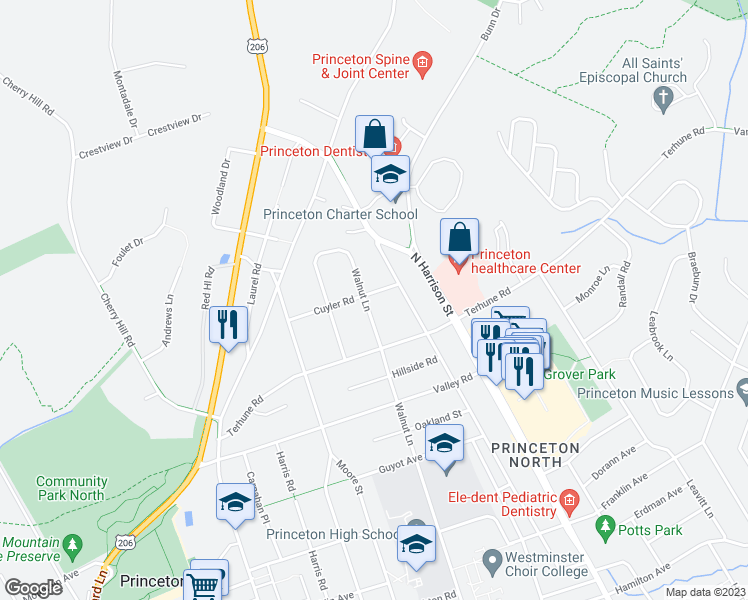 map of restaurants, bars, coffee shops, grocery stores, and more near 79 Cuyler Road in Princeton