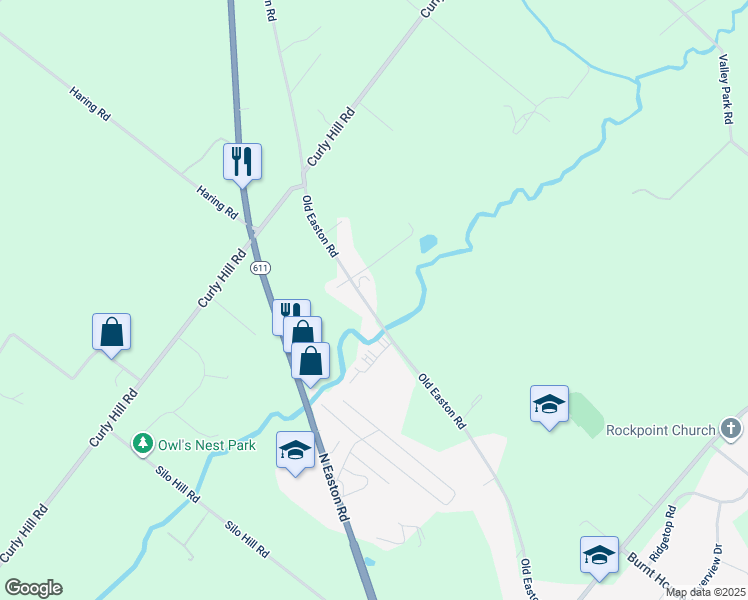 map of restaurants, bars, coffee shops, grocery stores, and more near 5247 Old Easton Road in Doylestown