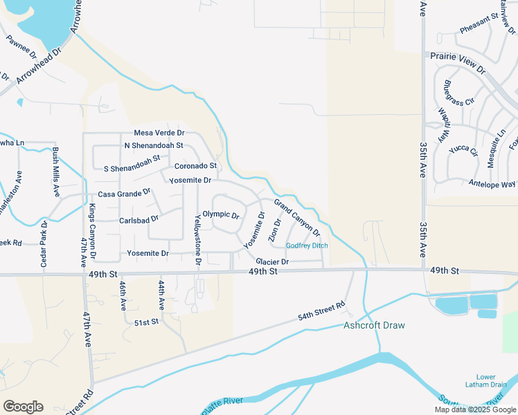 map of restaurants, bars, coffee shops, grocery stores, and more near 3901 Yosemite Drive in Greeley