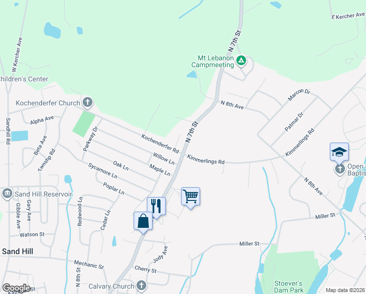 map of restaurants, bars, coffee shops, grocery stores, and more near 1705 North 7th Street in Lebanon