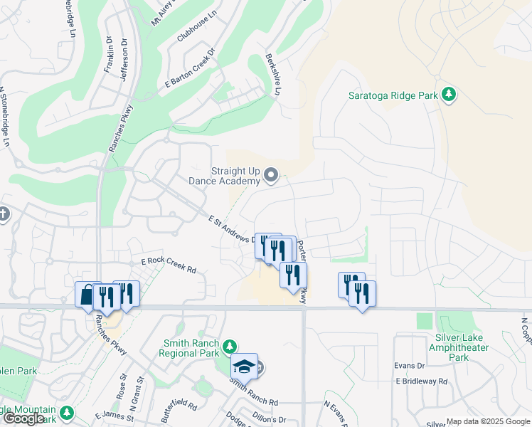 map of restaurants, bars, coffee shops, grocery stores, and more near 4028 East Gazelle Run in Eagle Mountain
