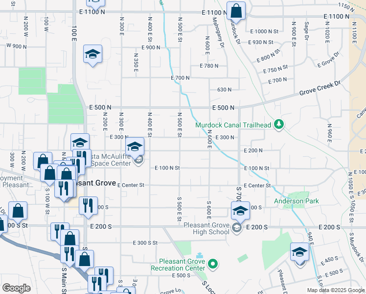 map of restaurants, bars, coffee shops, grocery stores, and more near 505 East 200 North in Pleasant Grove