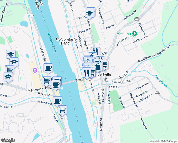 map of restaurants, bars, coffee shops, grocery stores, and more near 20 North Union Street in Lambertville