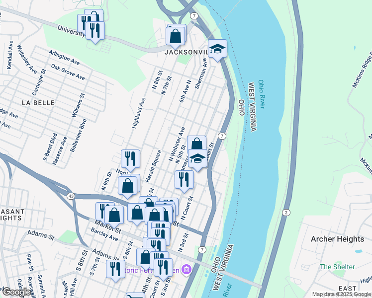 map of restaurants, bars, coffee shops, grocery stores, and more near 522 North 5th Street in Steubenville