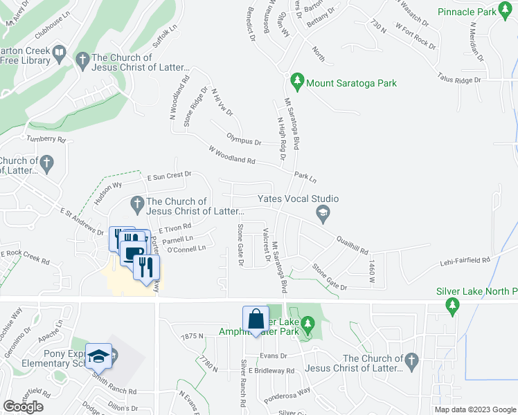 map of restaurants, bars, coffee shops, grocery stores, and more near Newcastle Lane in Saratoga Springs