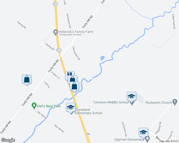 map of restaurants, bars, coffee shops, grocery stores, and more near 5247 Old Easton Road in Doylestown