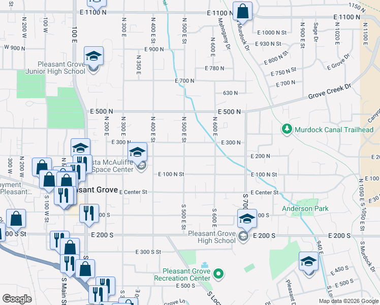 map of restaurants, bars, coffee shops, grocery stores, and more near 525 East 200 North in Pleasant Grove