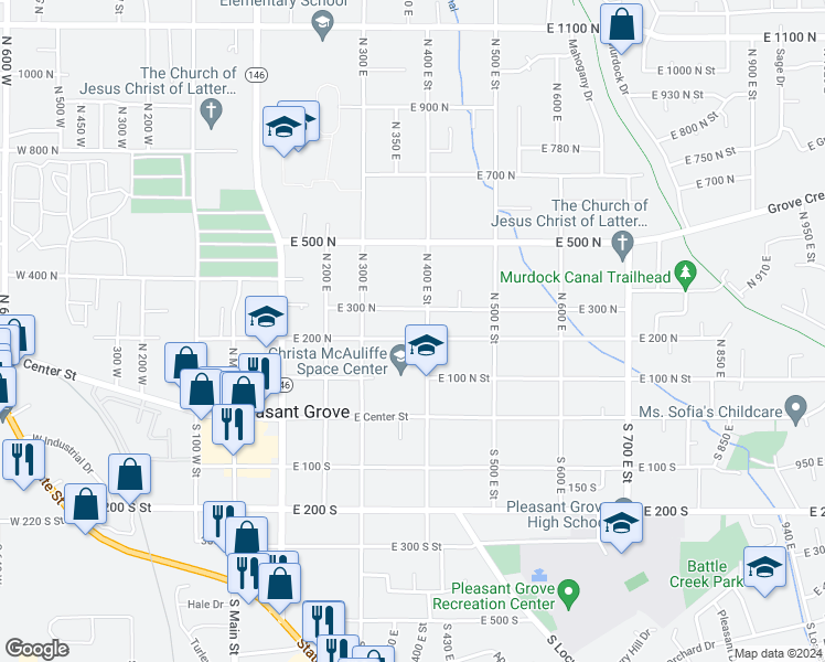map of restaurants, bars, coffee shops, grocery stores, and more near 391 East 200 North in Pleasant Grove