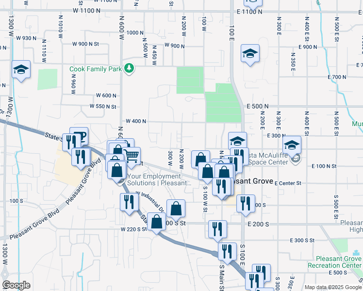 map of restaurants, bars, coffee shops, grocery stores, and more near 210 North 200 West in Pleasant Grove