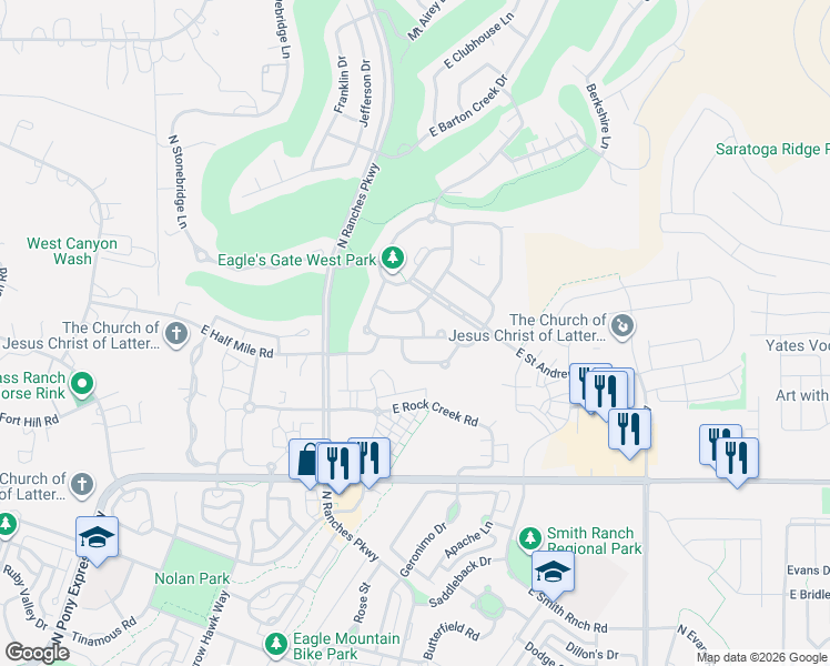 map of restaurants, bars, coffee shops, grocery stores, and more near 3669 Royal Troon Drive in Eagle Mountain