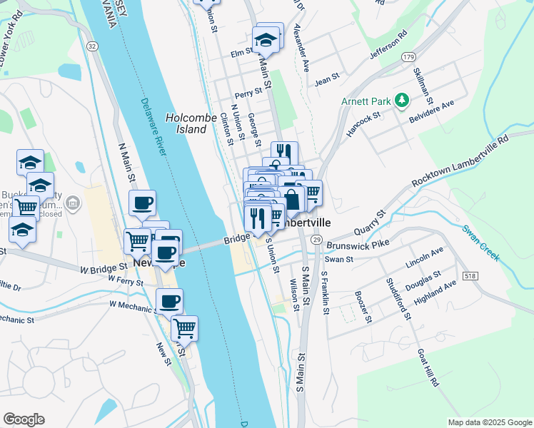 map of restaurants, bars, coffee shops, grocery stores, and more near 5 Gordons Alley in Lambertville