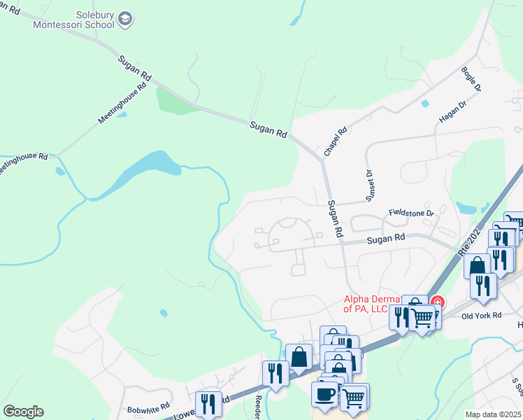map of restaurants, bars, coffee shops, grocery stores, and more near 213 Creekside Drive in New Hope