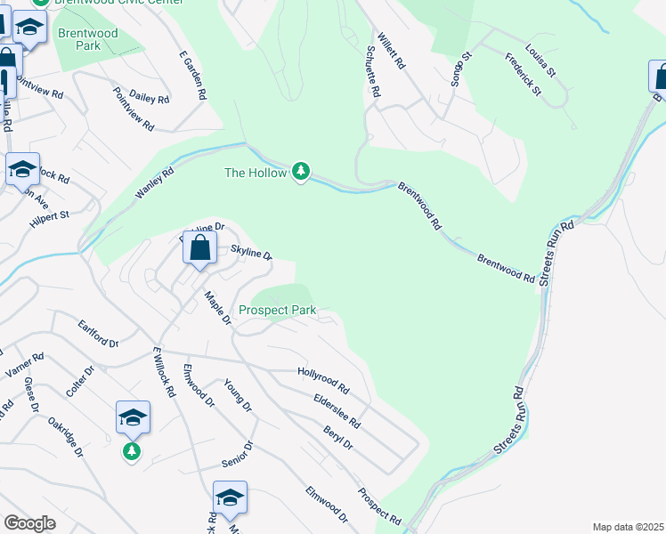 map of restaurants, bars, coffee shops, grocery stores, and more near 1717 Skyline Drive in Pittsburgh
