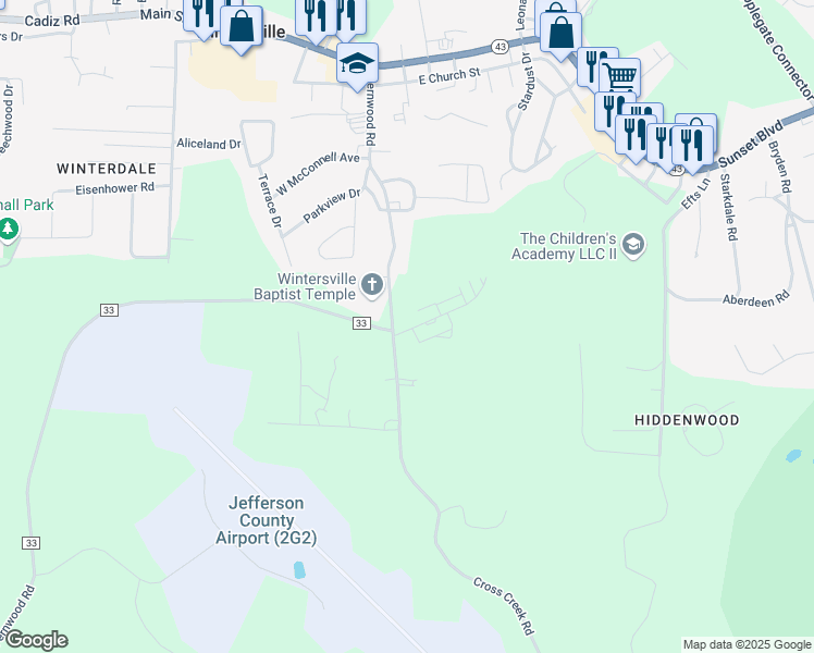 map of restaurants, bars, coffee shops, grocery stores, and more near 710 Fernwood Road in Steubenville
