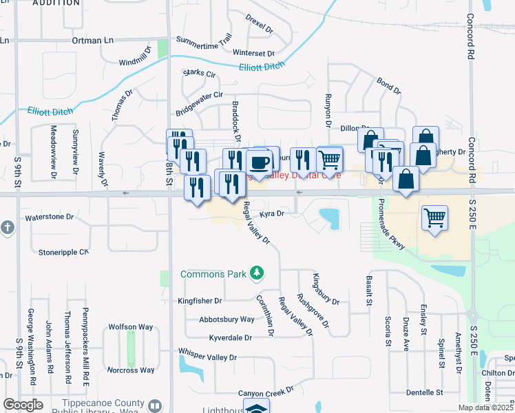 map of restaurants, bars, coffee shops, grocery stores, and more near in Lafayette