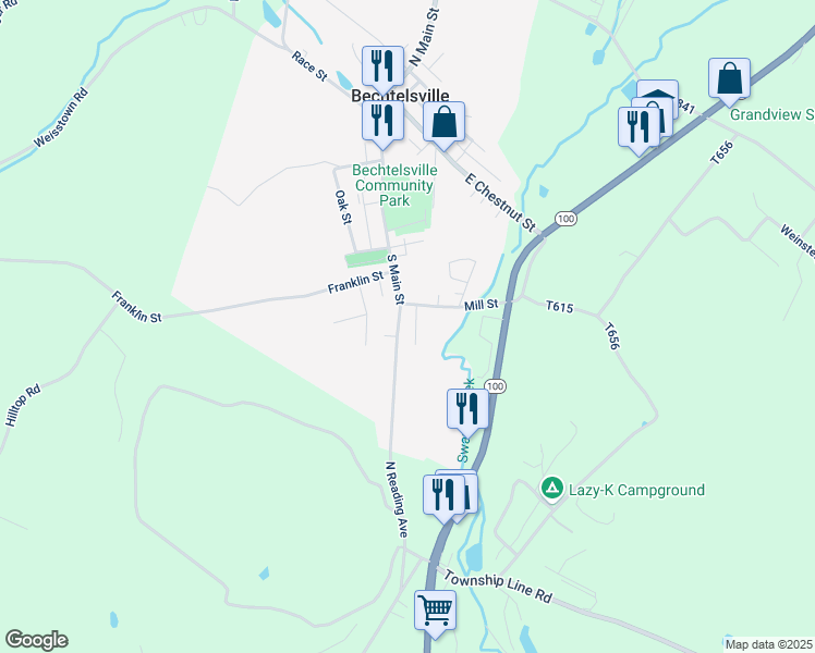 map of restaurants, bars, coffee shops, grocery stores, and more near 1652 South Main Street in Bechtelsville