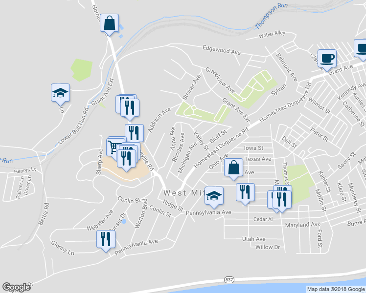 map of restaurants, bars, coffee shops, grocery stores, and more near 1939 Rhodes Avenue in West Mifflin