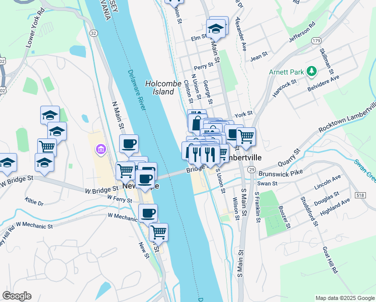 map of restaurants, bars, coffee shops, grocery stores, and more near 39 Lambert Lane in Lambertville