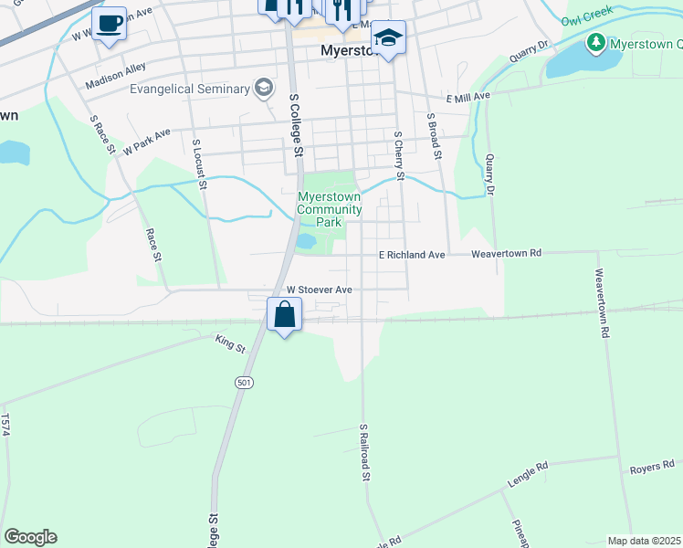 map of restaurants, bars, coffee shops, grocery stores, and more near 701 Peach Alley in Myerstown
