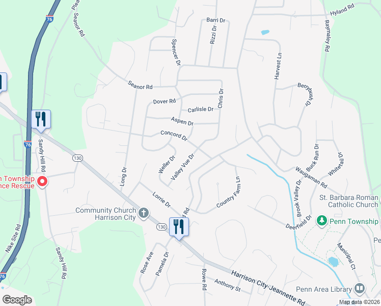map of restaurants, bars, coffee shops, grocery stores, and more near 25 Valley Vue Drive in Irwin