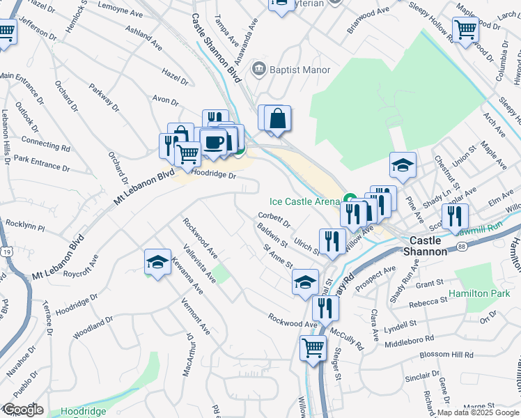 map of restaurants, bars, coffee shops, grocery stores, and more near 809 Corbett Drive in Pittsburgh