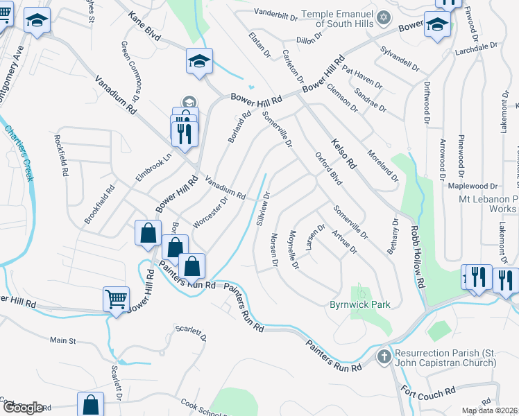 map of restaurants, bars, coffee shops, grocery stores, and more near 1710 Sillview Drive in Pittsburgh