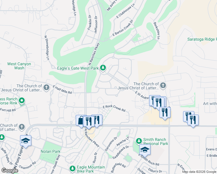map of restaurants, bars, coffee shops, grocery stores, and more near 3669 Royal Troon Drive in Eagle Mountain