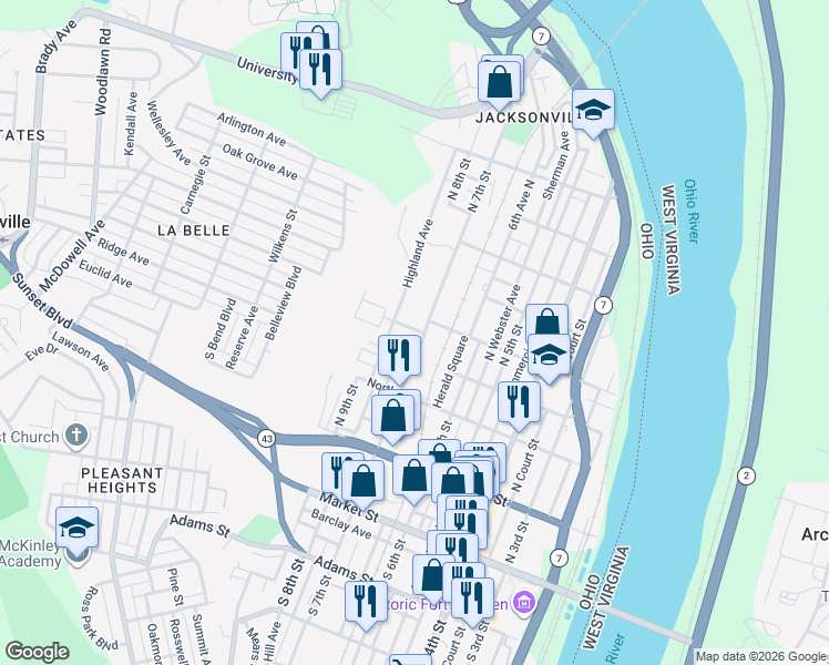 map of restaurants, bars, coffee shops, grocery stores, and more near 421 North 7th Street in Steubenville