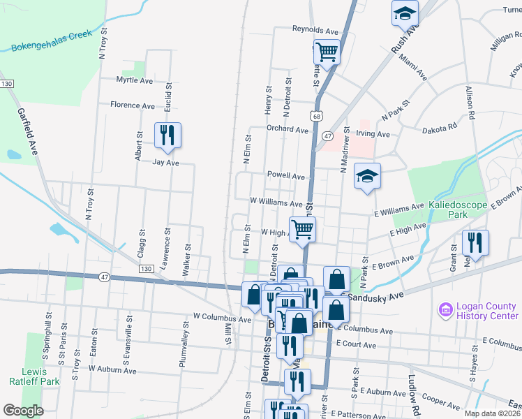 map of restaurants, bars, coffee shops, grocery stores, and more near 429 North Detroit Street in Bellefontaine