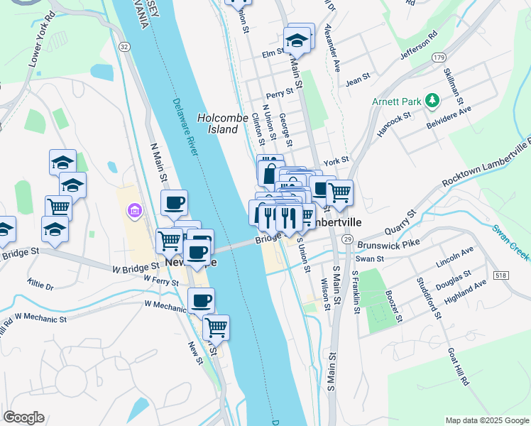 map of restaurants, bars, coffee shops, grocery stores, and more near 39 Lambert Lane in Lambertville