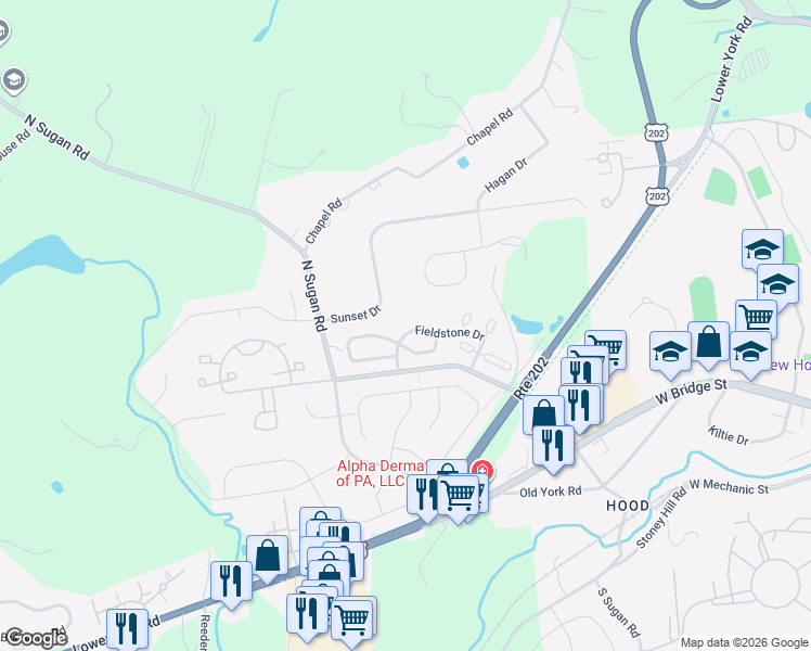 map of restaurants, bars, coffee shops, grocery stores, and more near 311 Fieldstone Drive in New Hope