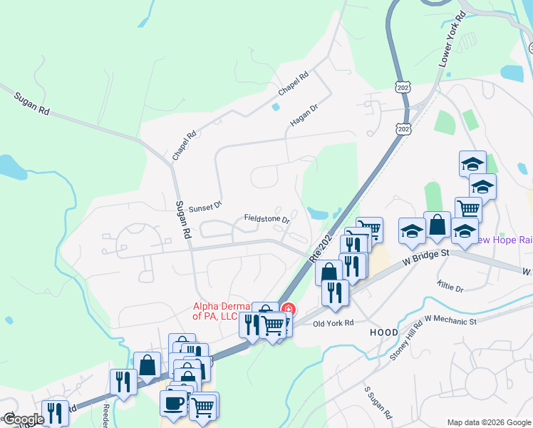 map of restaurants, bars, coffee shops, grocery stores, and more near 339 Fieldstone Drive in New Hope