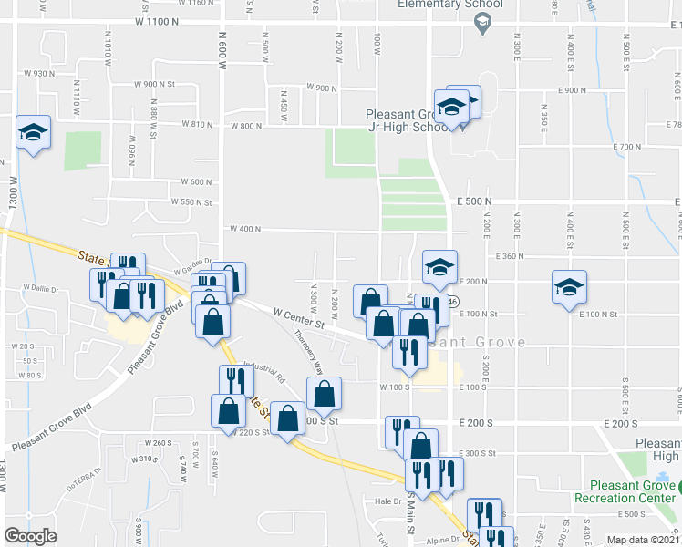 map of restaurants, bars, coffee shops, grocery stores, and more near 210 North 200 West in Pleasant Grove