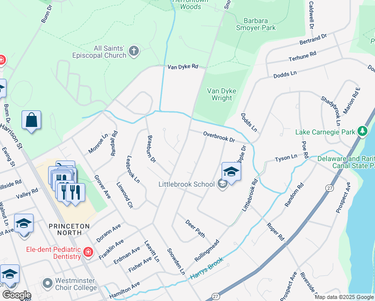 map of restaurants, bars, coffee shops, grocery stores, and more near 327 Snowden Lane in Princeton