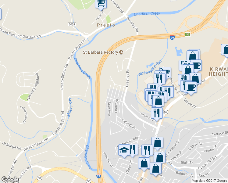map of restaurants, bars, coffee shops, grocery stores, and more near 125 May Avenue in Bridgeville