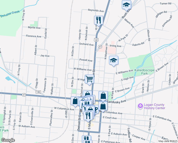 map of restaurants, bars, coffee shops, grocery stores, and more near 113 Williams Avenue in Bellefontaine