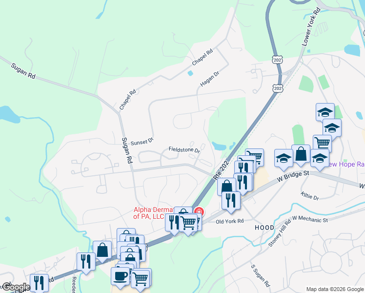 map of restaurants, bars, coffee shops, grocery stores, and more near 339 Fieldstone Drive in New Hope
