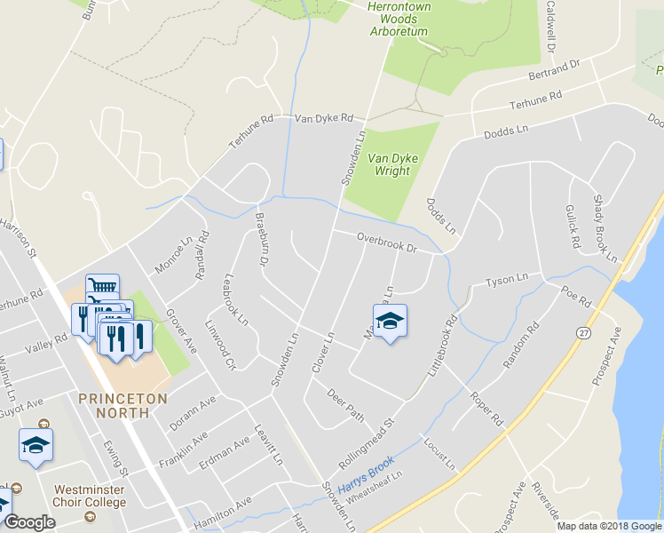 map of restaurants, bars, coffee shops, grocery stores, and more near 327 Snowden Lane in Princeton