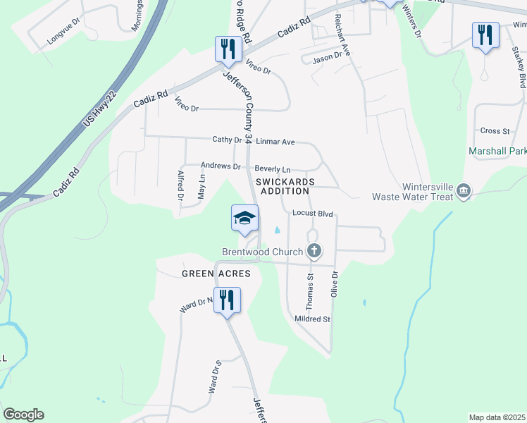 map of restaurants, bars, coffee shops, grocery stores, and more near 500 Bantam Ridge Road in Wintersville
