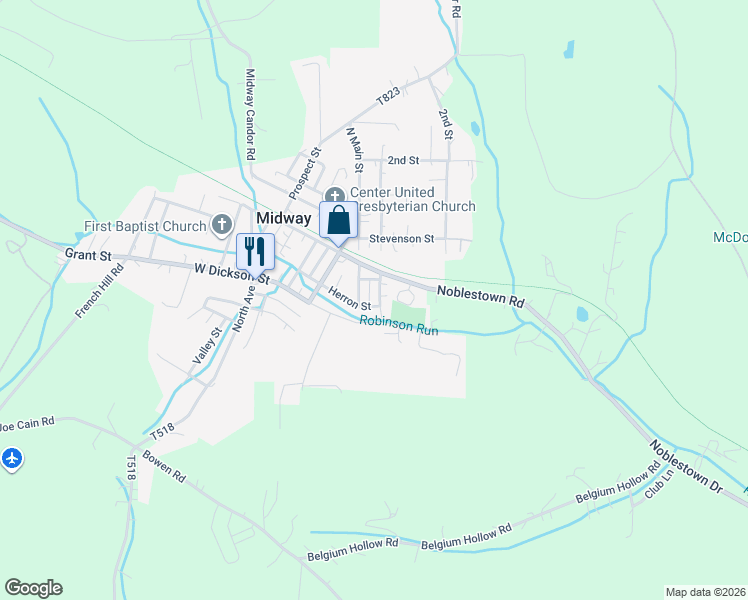 map of restaurants, bars, coffee shops, grocery stores, and more near 108 South Center Street in Midway