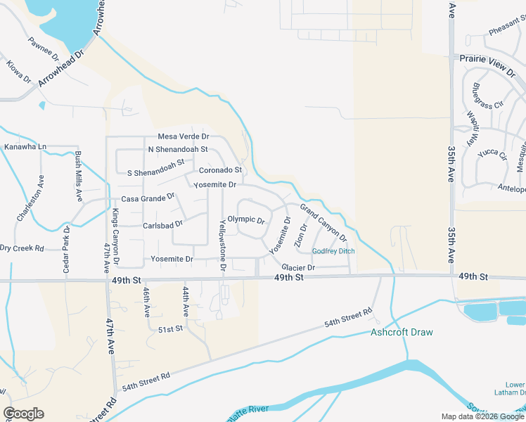 map of restaurants, bars, coffee shops, grocery stores, and more near 4210 Grand Teton Road in Greeley