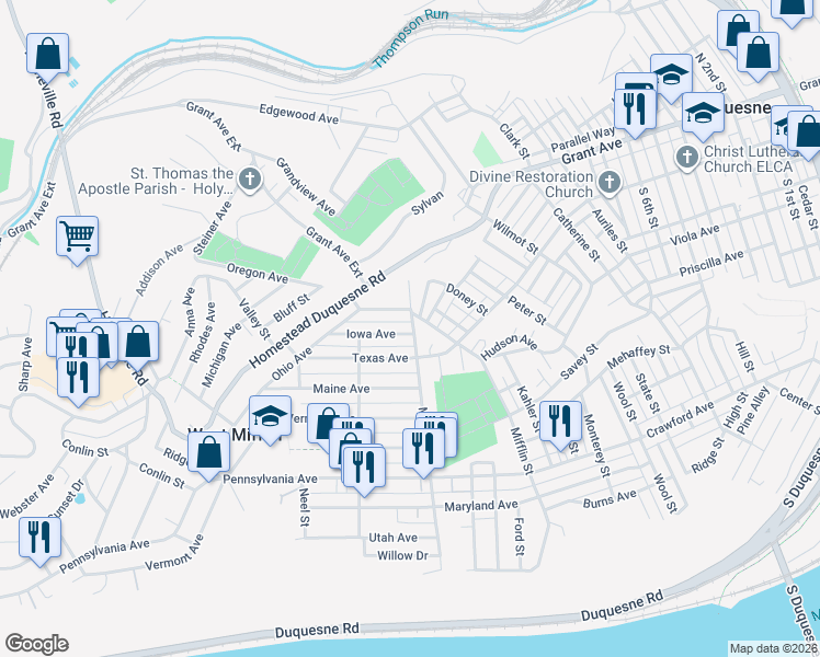 map of restaurants, bars, coffee shops, grocery stores, and more near 1700 Iowa Avenue in West Mifflin