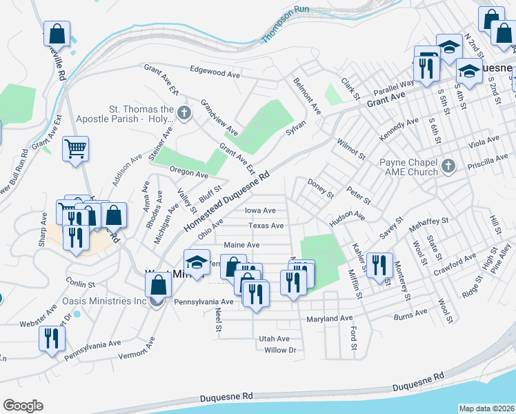 map of restaurants, bars, coffee shops, grocery stores, and more near 1800 Iowa Street in West Mifflin