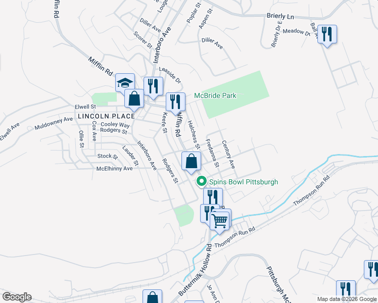 map of restaurants, bars, coffee shops, grocery stores, and more near 5703 Mifflin Rd in Pittsburgh