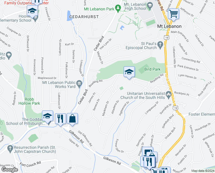 map of restaurants, bars, coffee shops, grocery stores, and more near 60 Seneca Drive in Pittsburgh