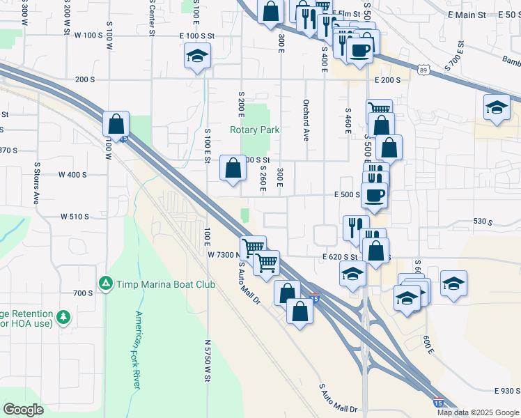map of restaurants, bars, coffee shops, grocery stores, and more near 528 South 260 East in American Fork