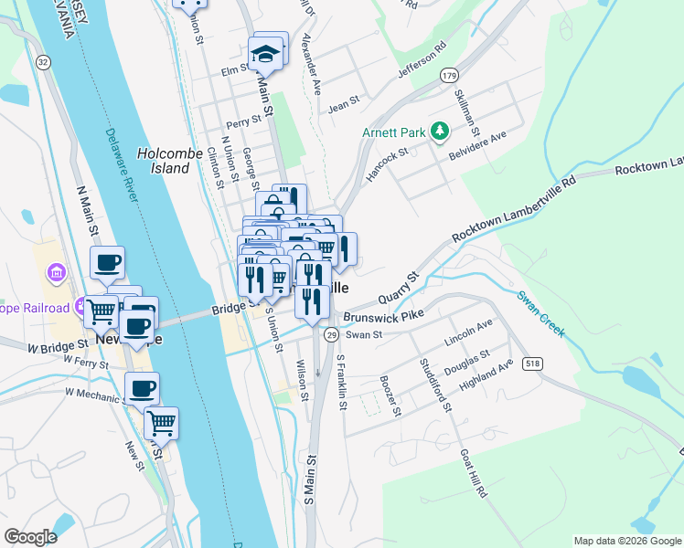 map of restaurants, bars, coffee shops, grocery stores, and more near 6 North Franklin Street in Lambertville